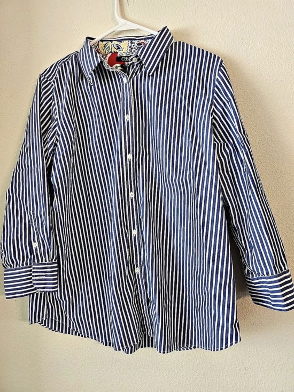 Chaps No Iron Blue Striped Paisley Cuff Button Down Shirt Blue & White XL
